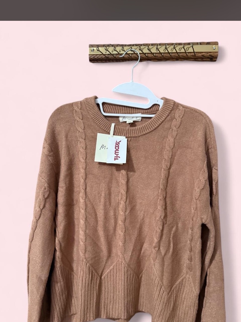 Marled Cable Knit Crew Sweater in Dusty Rose
